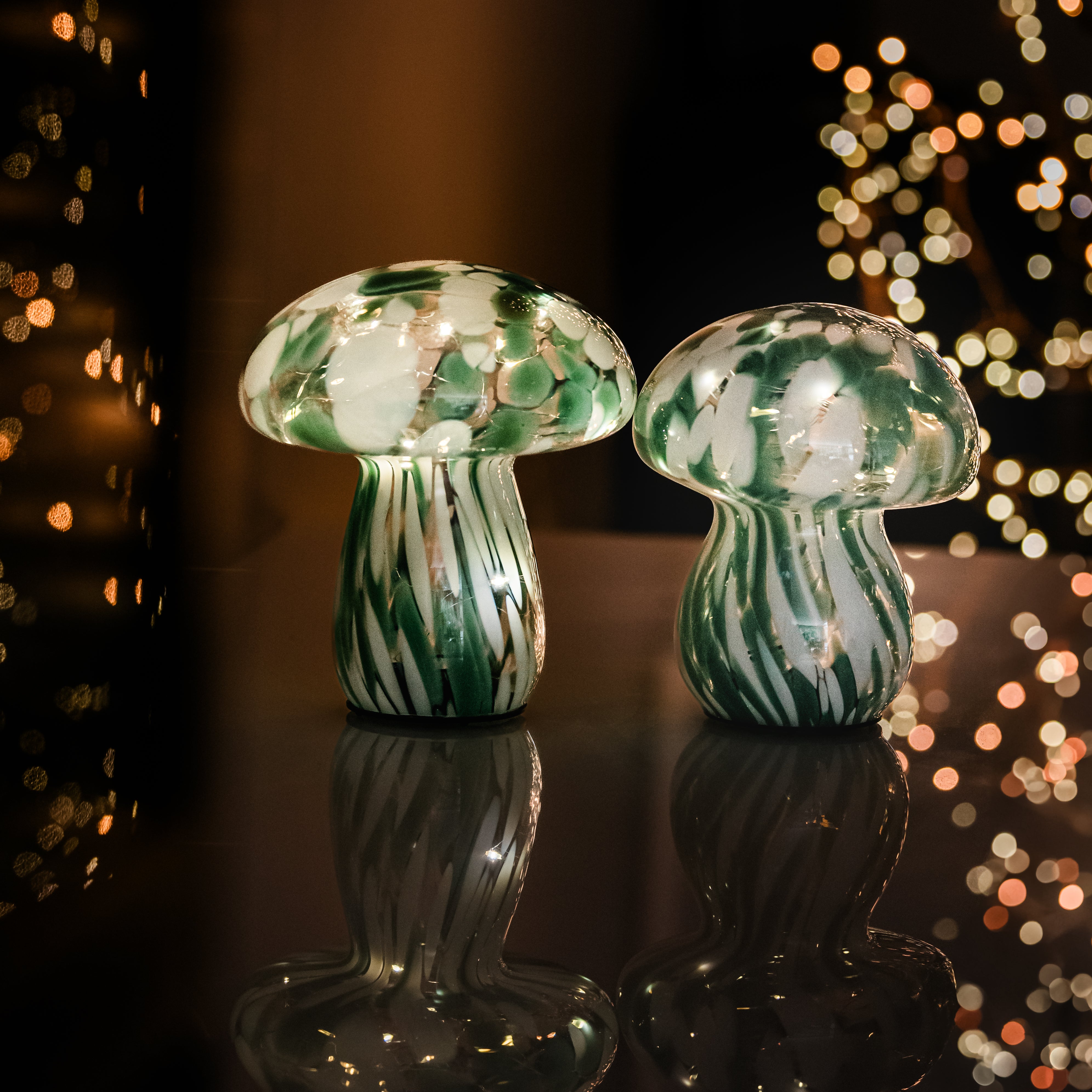 Green and White Mushroom Lamps