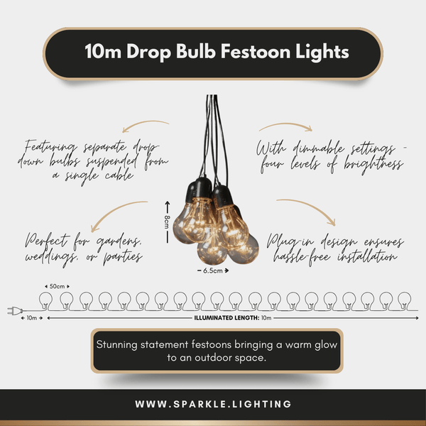 10m Drop Bulb Festoon Lights - sparkle.lighting