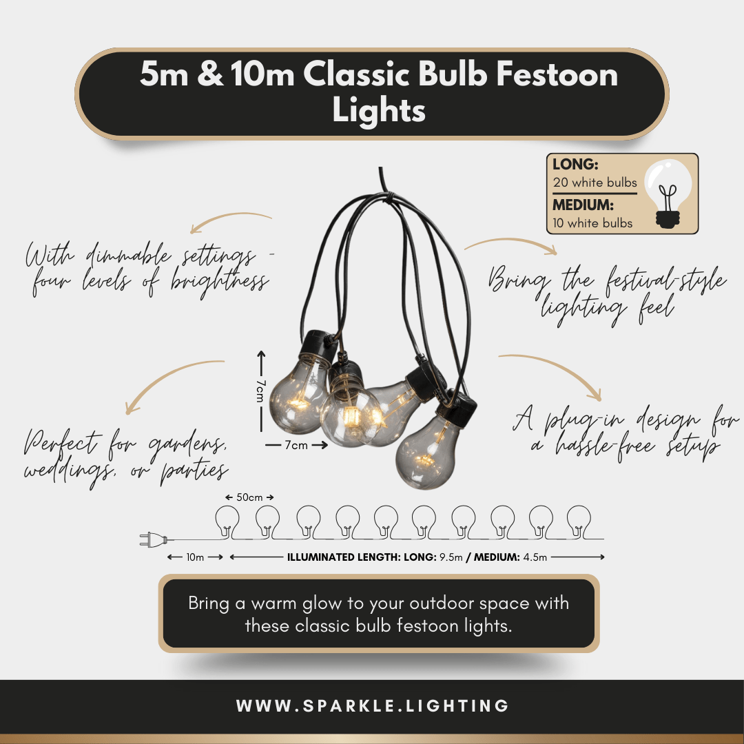 5m & 10m Classic Bulb Festoon lights - sparkle.lighting