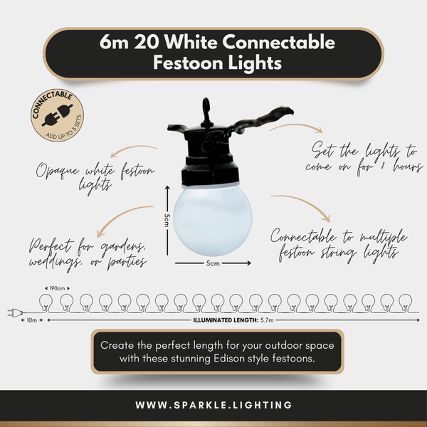 6m 20 White Connectable Festoon Lights - sparkle.lighting