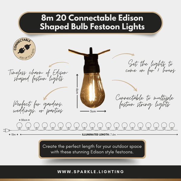 8m 20 Connectable Edison Shaped Bulb Festoon Lights - sparkle.lighting