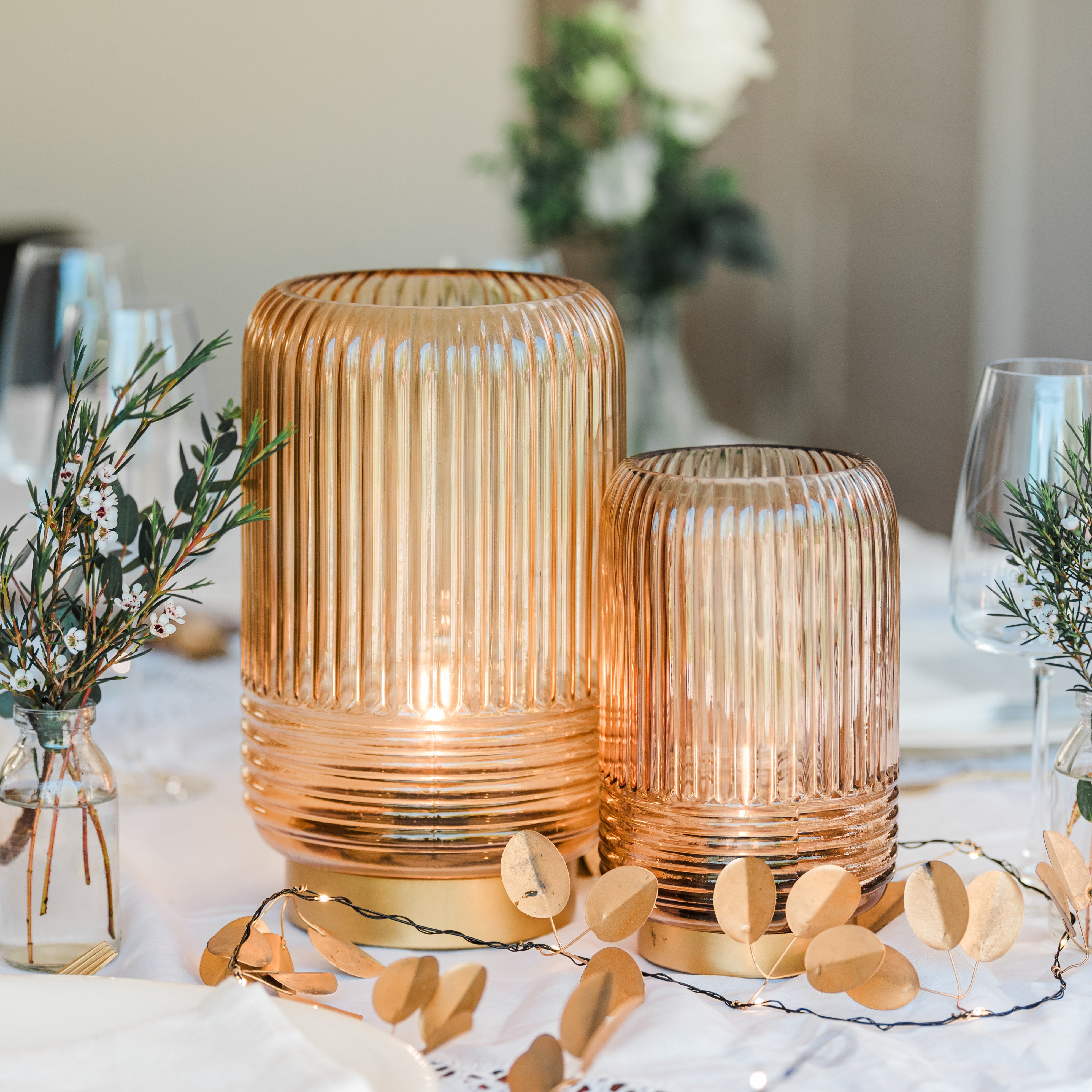 Cordless Tan Ribbed Glass Lamps