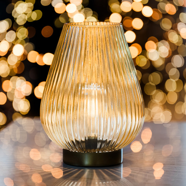 Cordless Yellow Glass Fluted Ribbed Battery Lamp Large