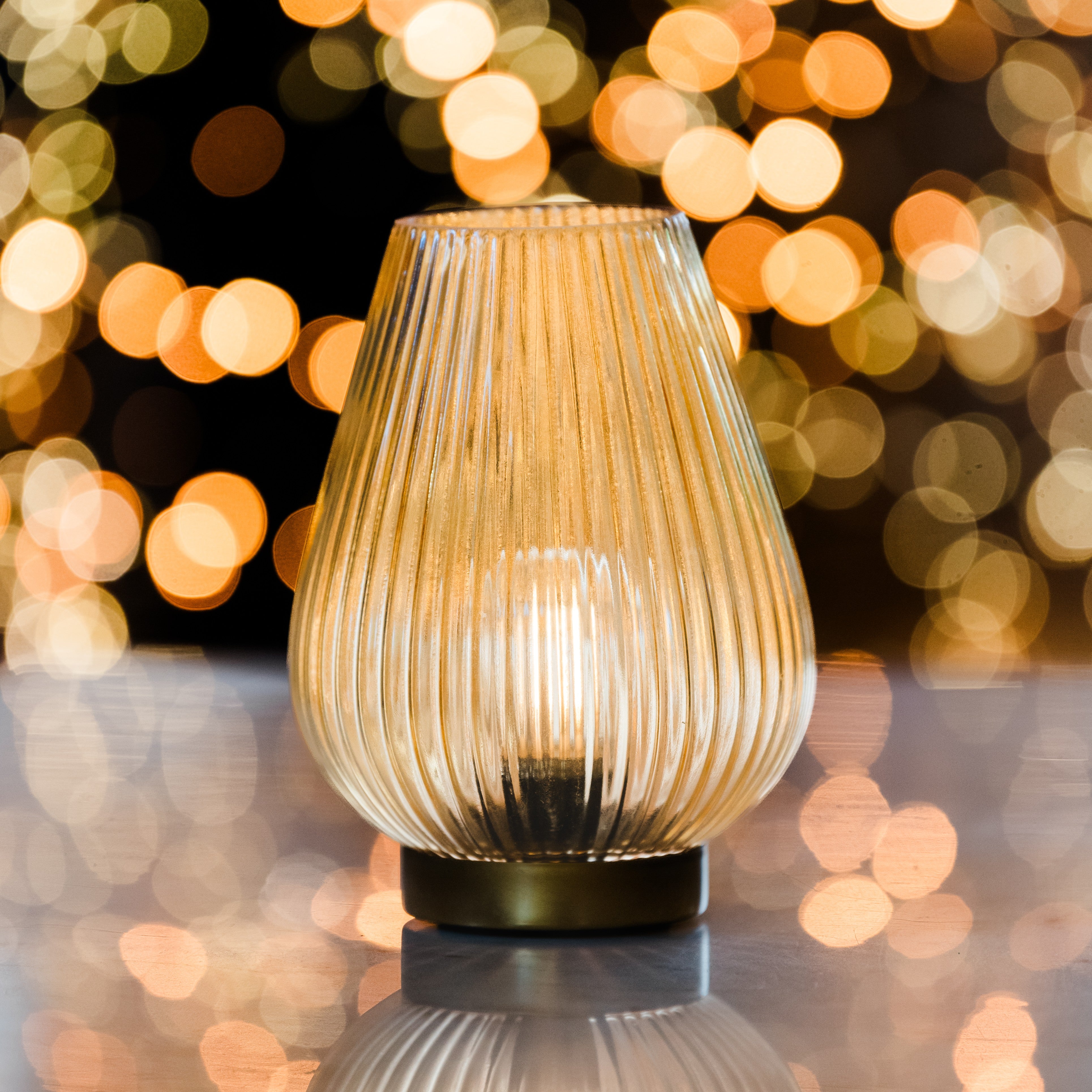 Cordless Yellow Glass Fluted Ribbed Battery Lamp Medium