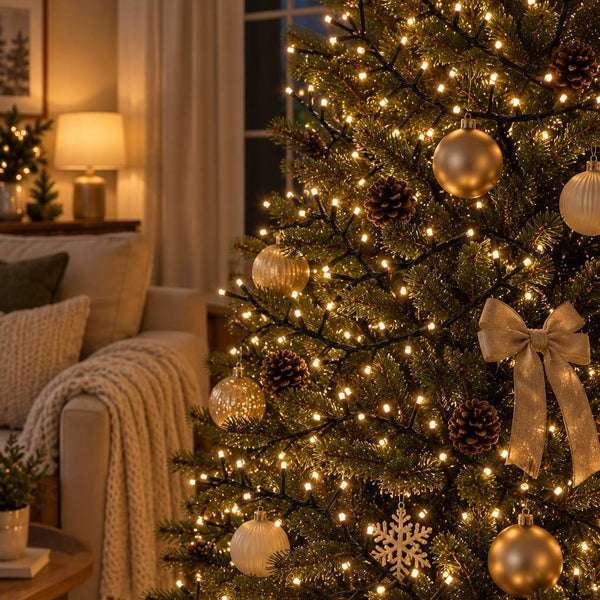 A decorated Christmas tree in a cozy living room, lit with warm white string lights and adorned with gold and white ornaments, pinecones, and a large white bow.