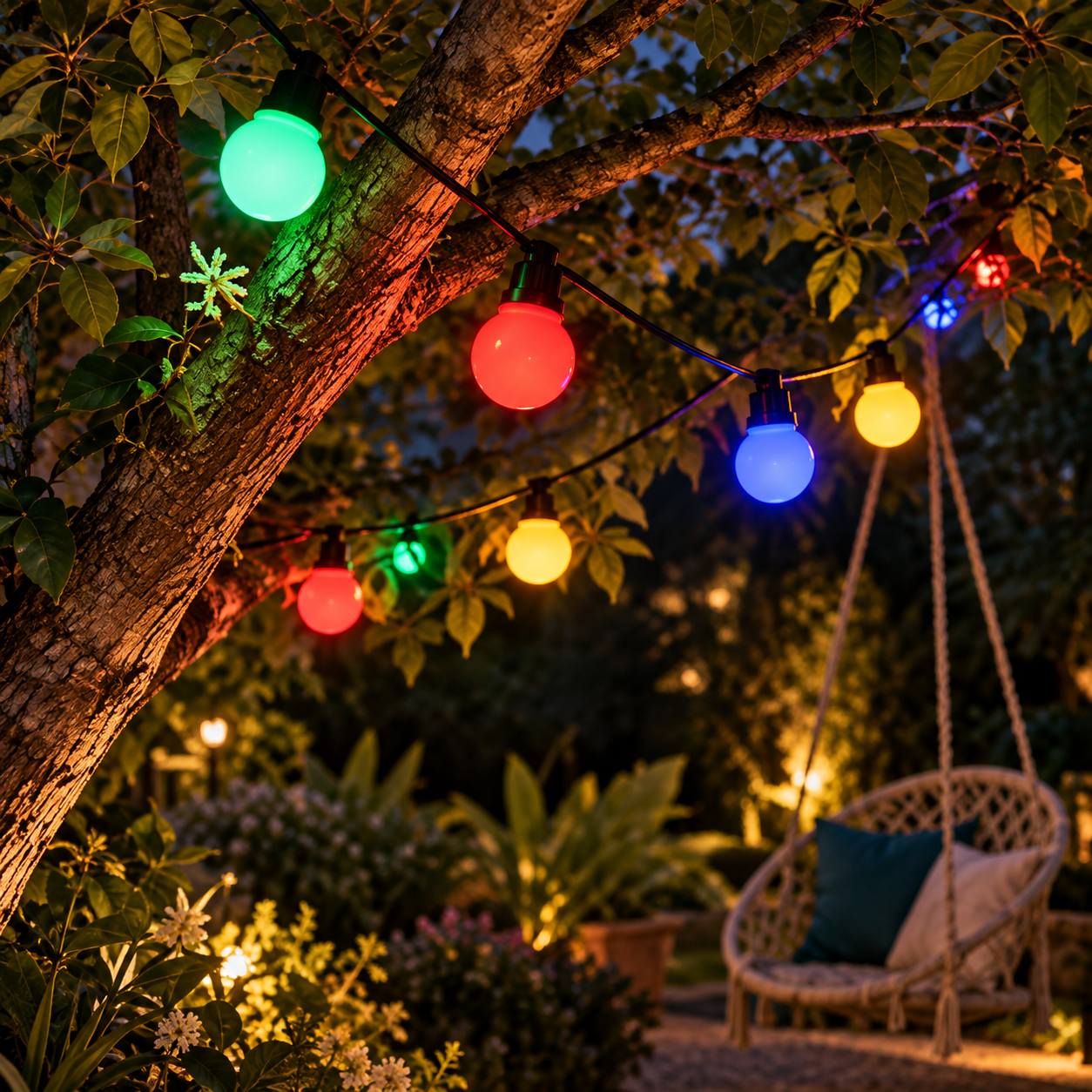 Multicolor LED globe string lights hanging in a garden tree, with a hanging wicker swing chair and plants in the softly blurred background.