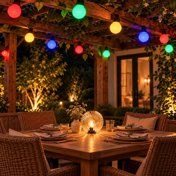 Outdoor dining table set under a wooden pergola at night with colorful globe string lights in red, green, blue, yellow, and white, along with wicker chairs, place settings, and warm ambient garden lighting.