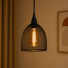 Black wire mesh pendant light hanging against a beige wall with a framed picture.