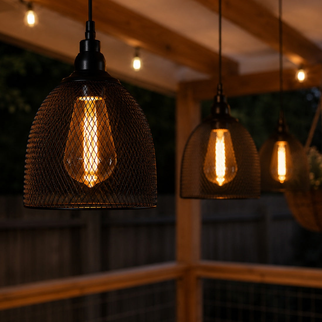 Close-up of three black wire mesh pendant lights with warm vintage filament bulbs suspended from a pergola in an elegant outdoor entertaining area.