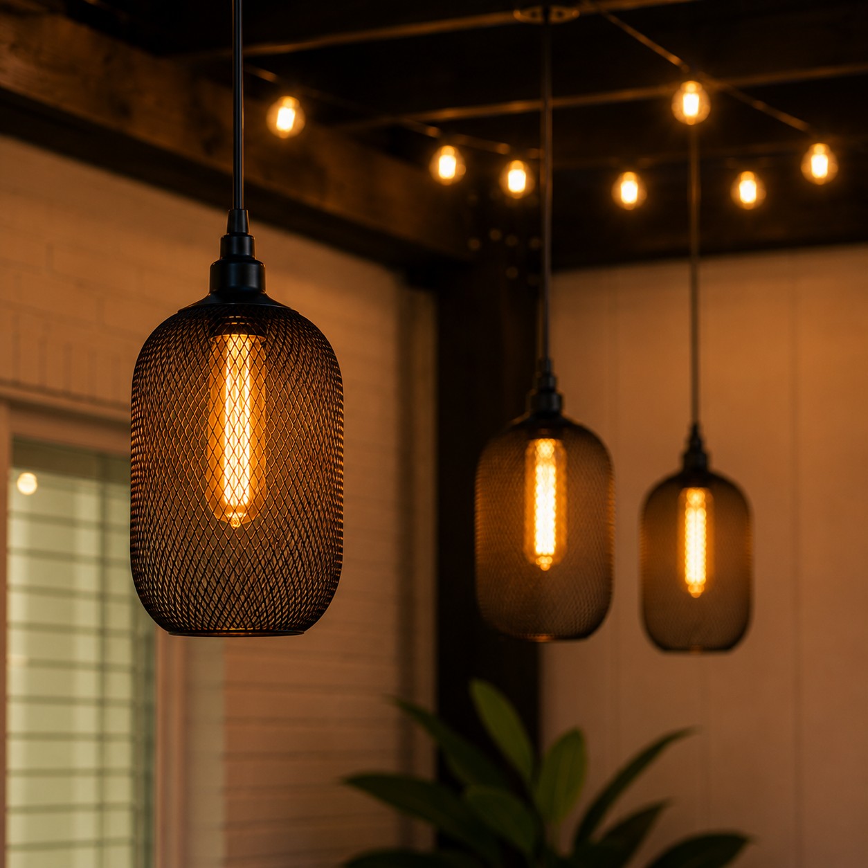Three pendant lights with mesh covers hanging from a ceiling.