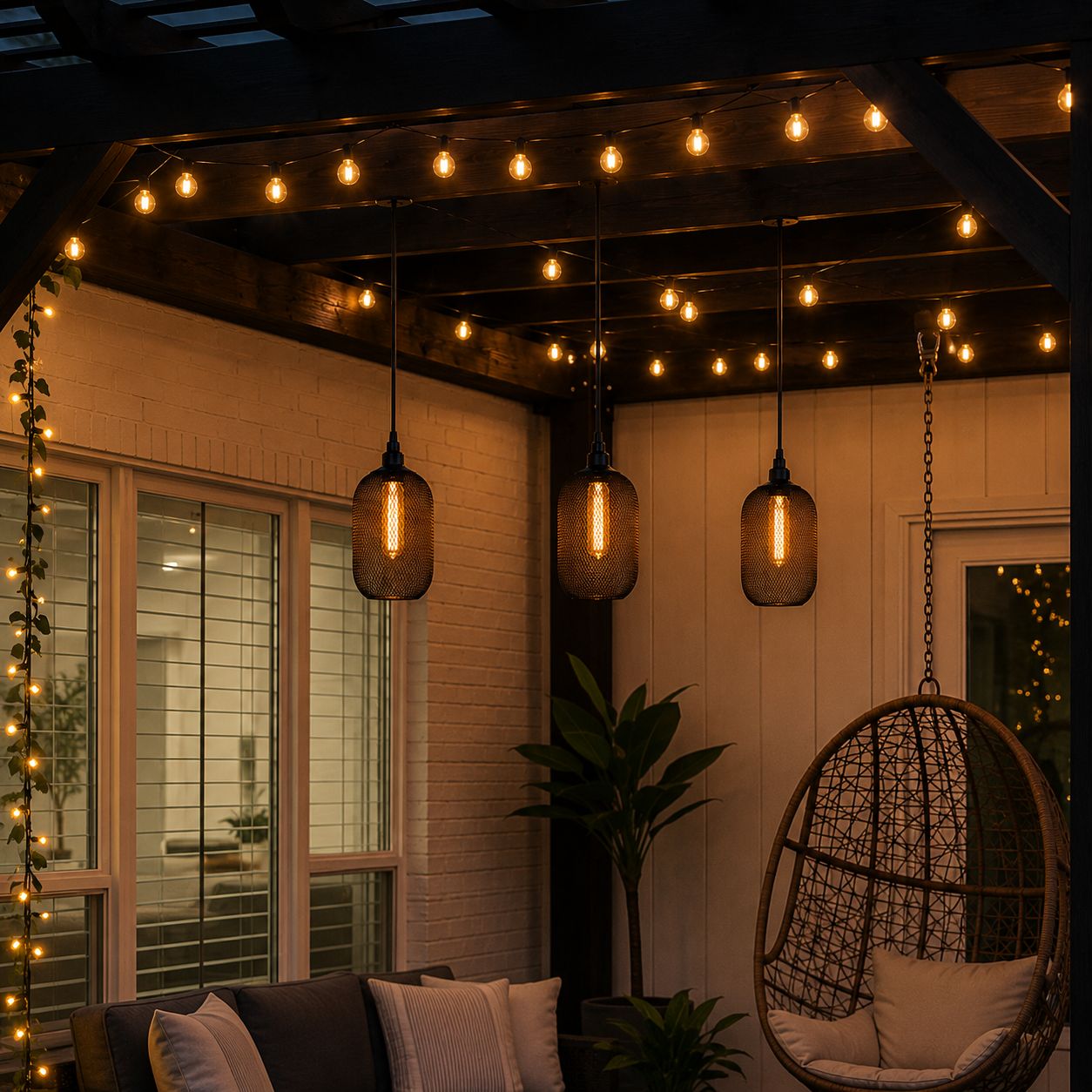 Outdoor patio with string lights, hanging chair, and cushions under a wooden pergola.