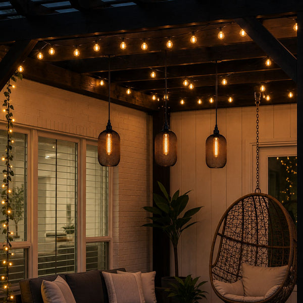 Outdoor patio with string lights, hanging chair, and cushions under a wooden pergola.