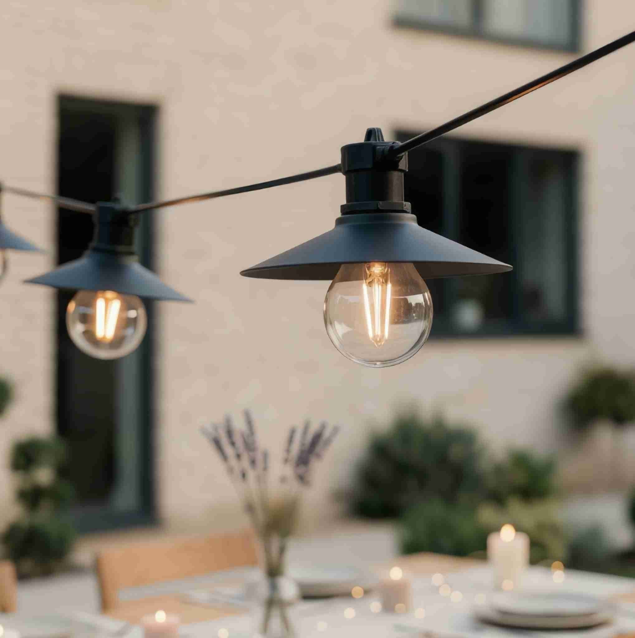 Industrial outdoor festoon lights with black shades and Edison-style bulbs for modern garden decor.