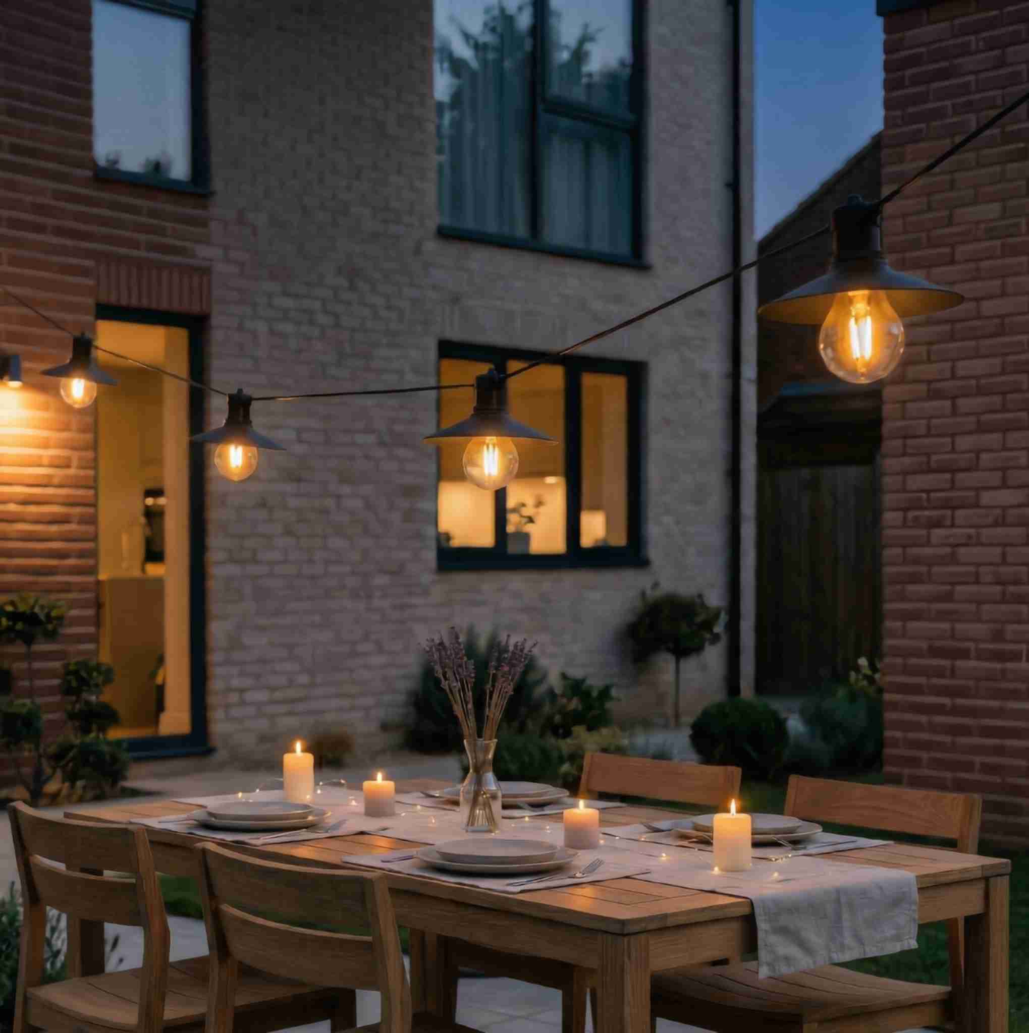 Elegant alfresco dining area illuminated by vintage black shade outdoor string lights against a brick courtyard.
