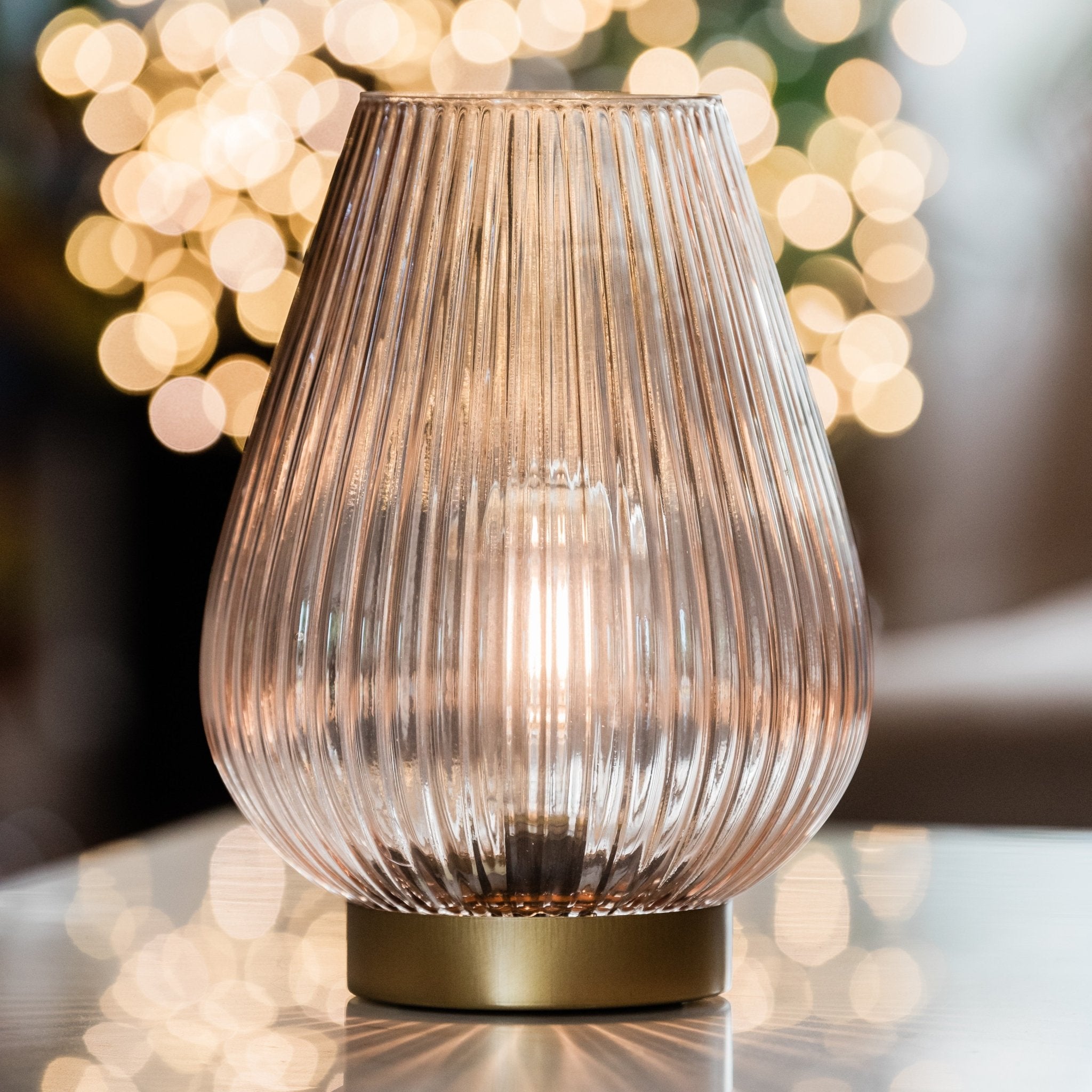 Cordless Blush Pink Glass Fluted Ribbed Battery Lamp - sparkle.lighting