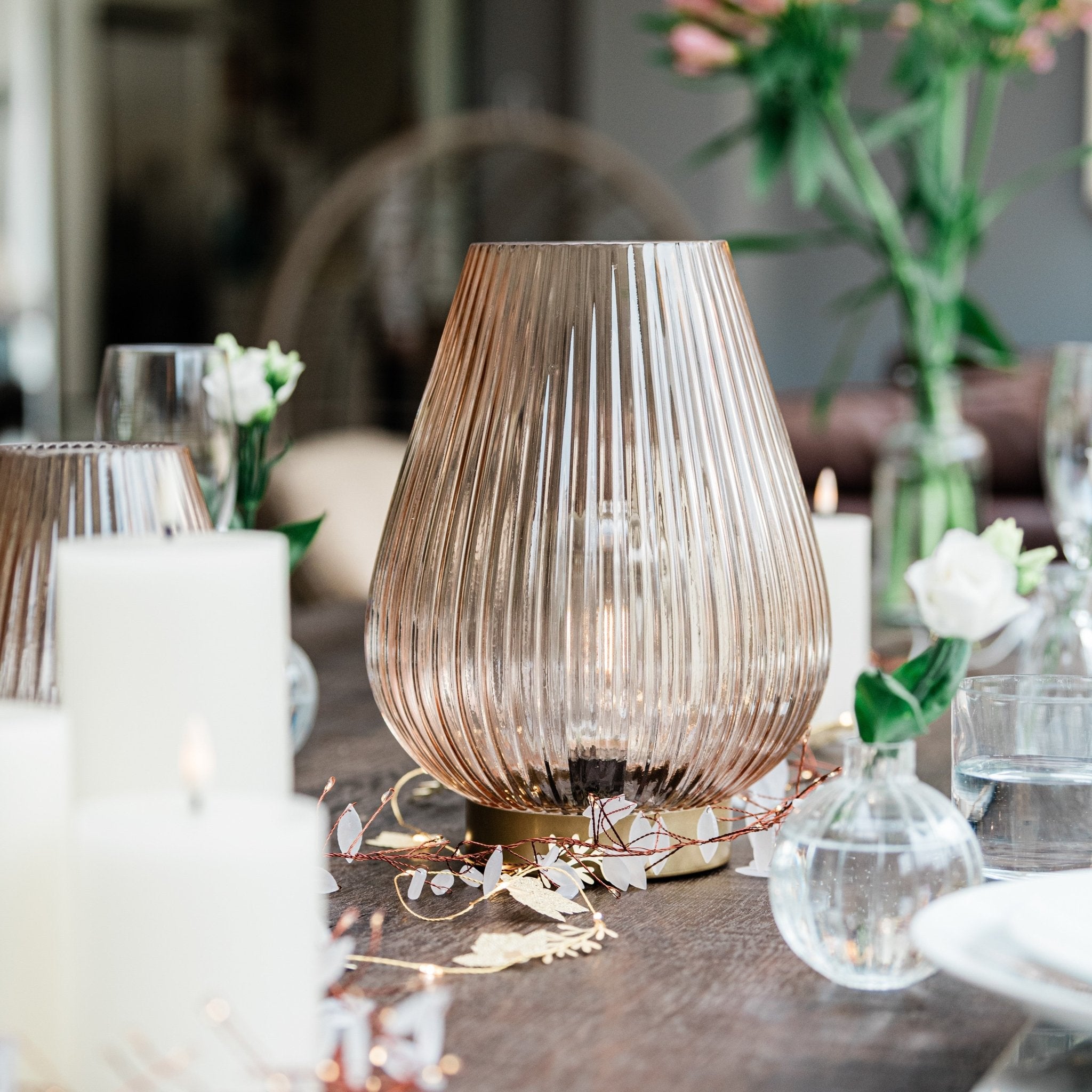 Cordless Blush Pink Glass Fluted Ribbed Battery Lamp - sparkle.lighting