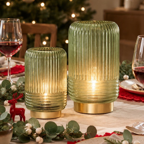 Cordless Green Ribbed Glass Lamps - sparkle.lighting