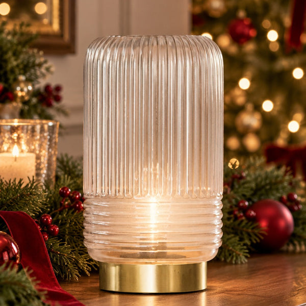 Cordless grey ribbed glass table lamp battery operated warm white light Sparkle Lighting.