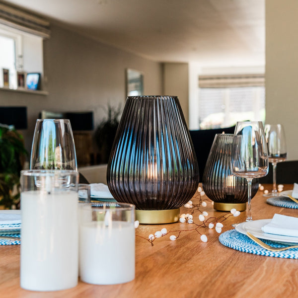 Cordless Petrol Blue Glass Fluted Ribbed Battery Lamp - sparkle.lighting