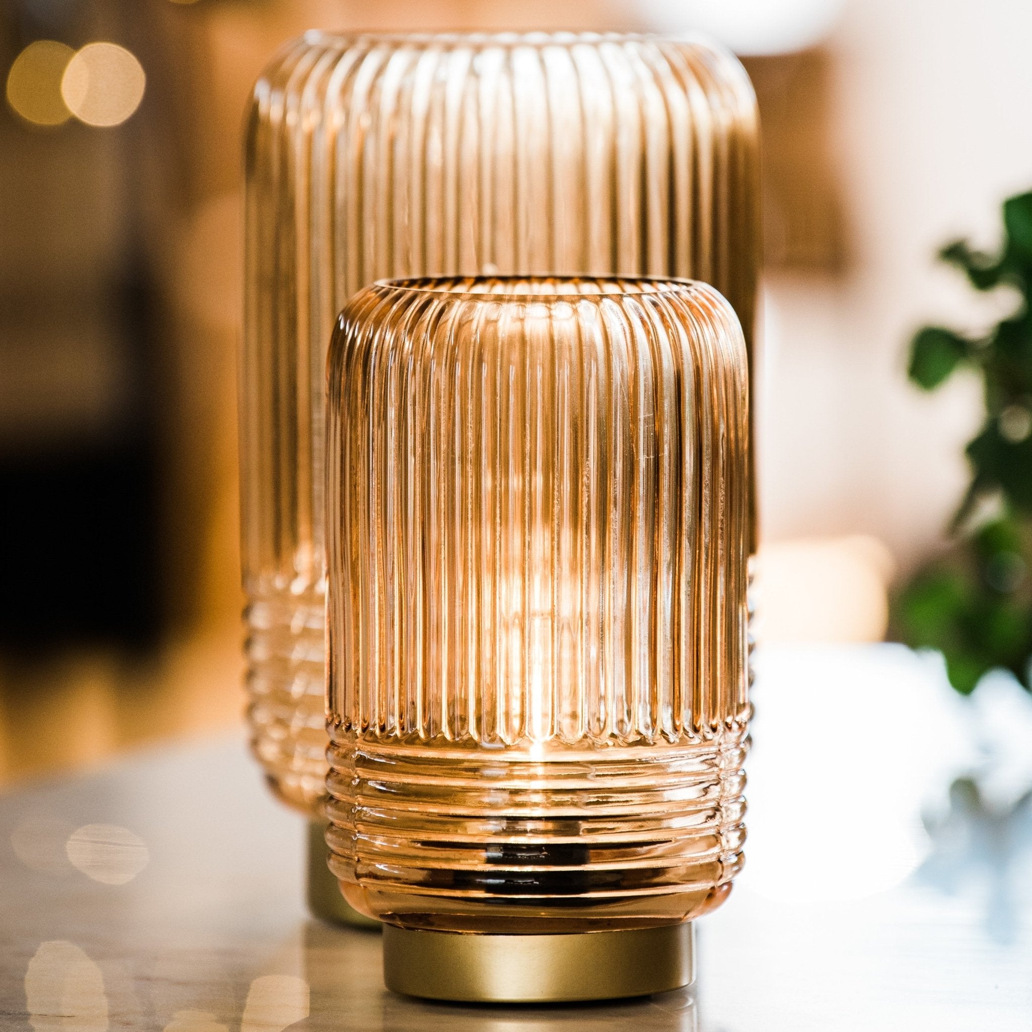 Cordless Tan Ribbed Glass Lamps - sparkle.lighting