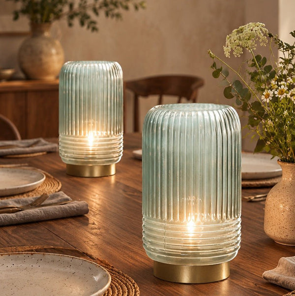 Cordless Tiffany Blue Ribbed Glass Lamps - sparkle.lighting