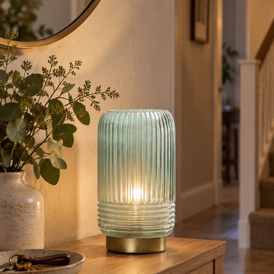 Cordless Tiffany Blue Ribbed Glass Lamps - sparkle.lighting
