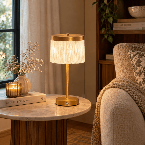 Cream Fringed Antique Bronze Rechargeable Table Lamp - sparkle.lighting
