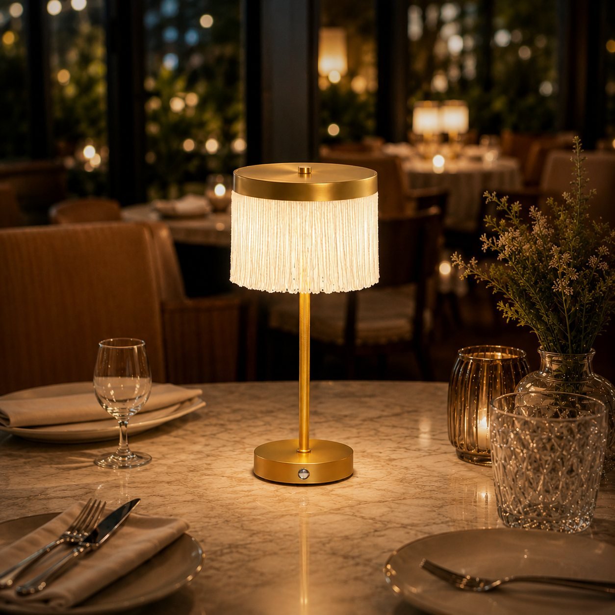Cream Fringed Antique Bronze Rechargeable Table Lamp - sparkle.lighting