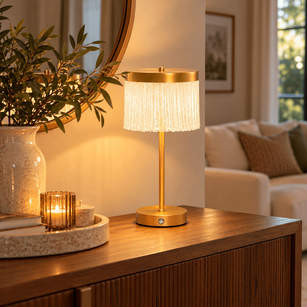 Cream Fringed Antique Bronze Rechargeable Table Lamp - sparkle.lighting