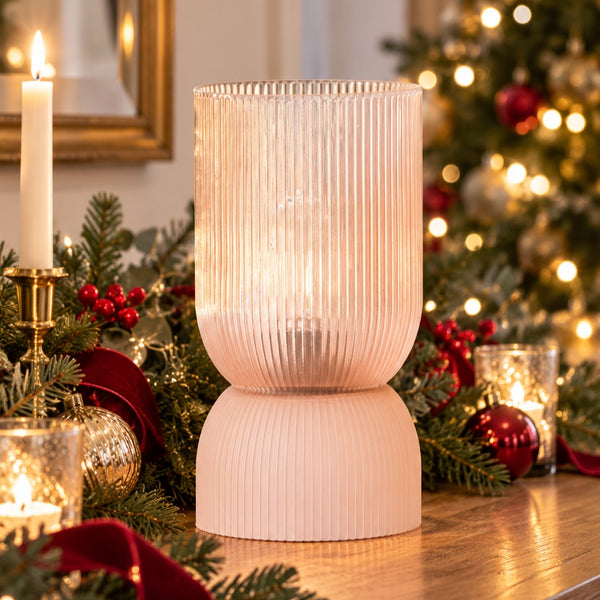 Dusky pink ribbed glass battery powered table lamp warm ambient lighting Sparkle Lighting