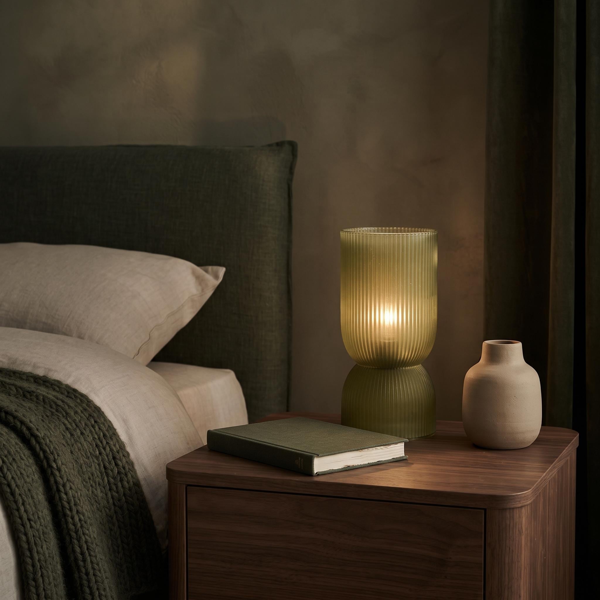 Fine Olive Green Ribbed Battery Powered Table Lamp - sparkle.lighting