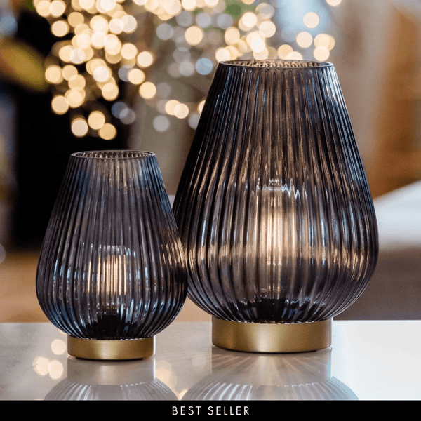 Petrol Blue Glass Ribbed Battery Lamp - sparkle.lighting