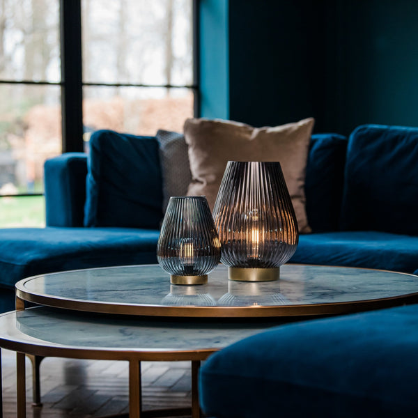 Petrol Blue Glass Ribbed Battery Lamp - sparkle.lighting