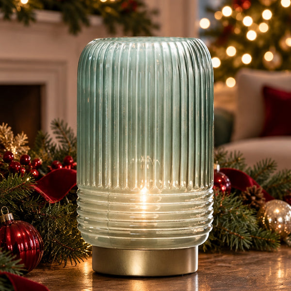 Tiffany blue ribbed glass lamp for Christmas dinner table centerpiece and festive holiday decor