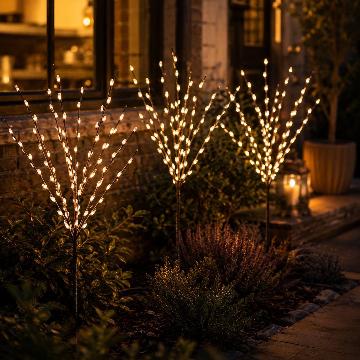 Decorative outdoor lights shaped like branches in a garden setting at night.